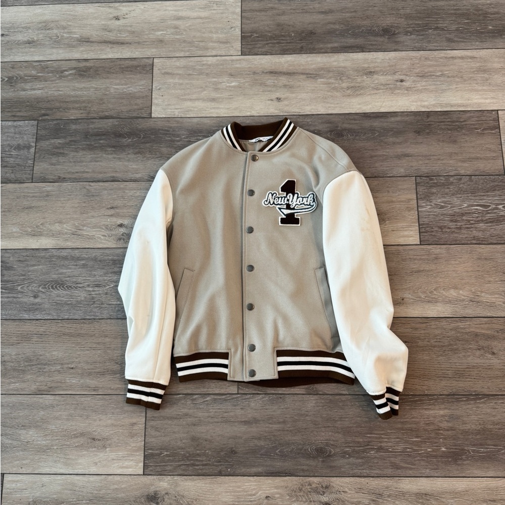 Zara Beige and White Varsity Jacket